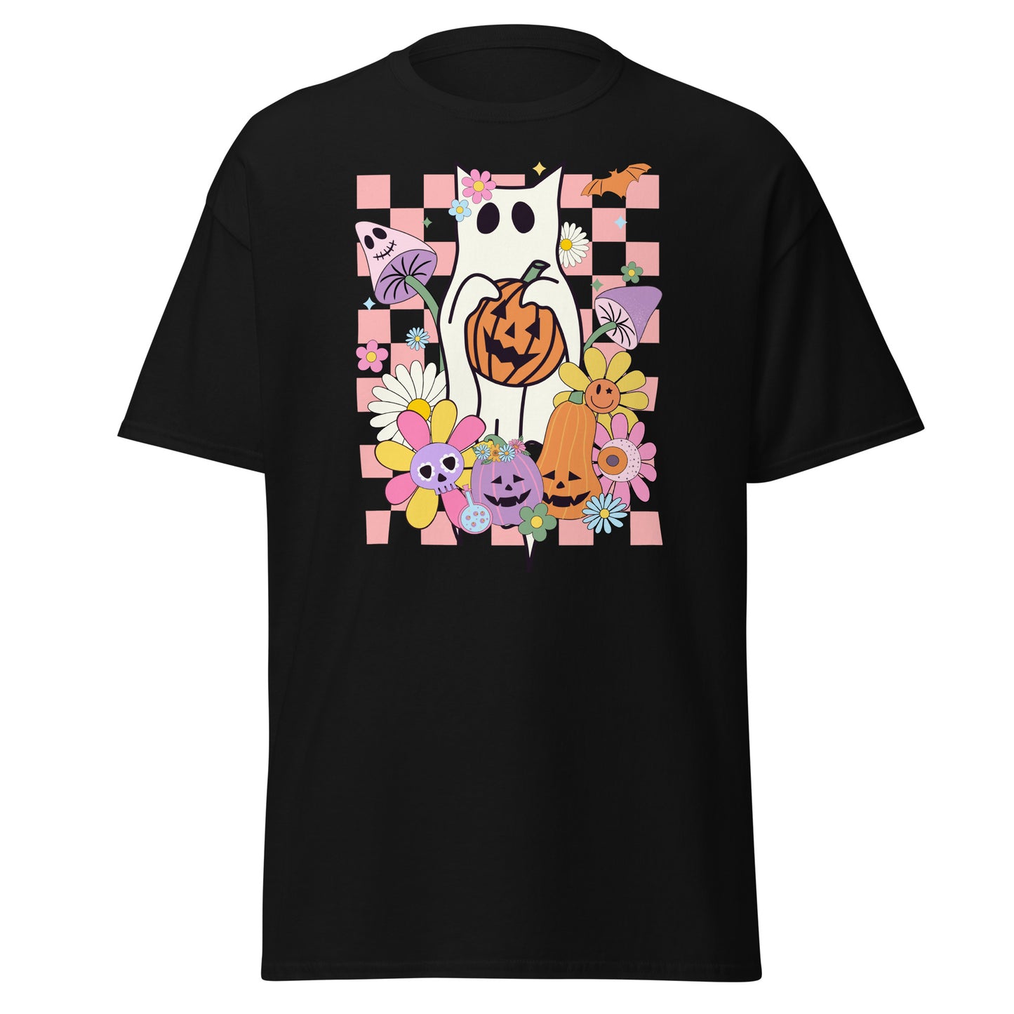 Camiseta estilo Feline Spirits Unleashed - Gato fantasma a cuadros - Halloween