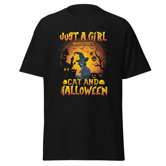 Just a Girl Who Loves Cat and Halloween, camiseta de algodón pesado de estilo suave con diseño de Halloween