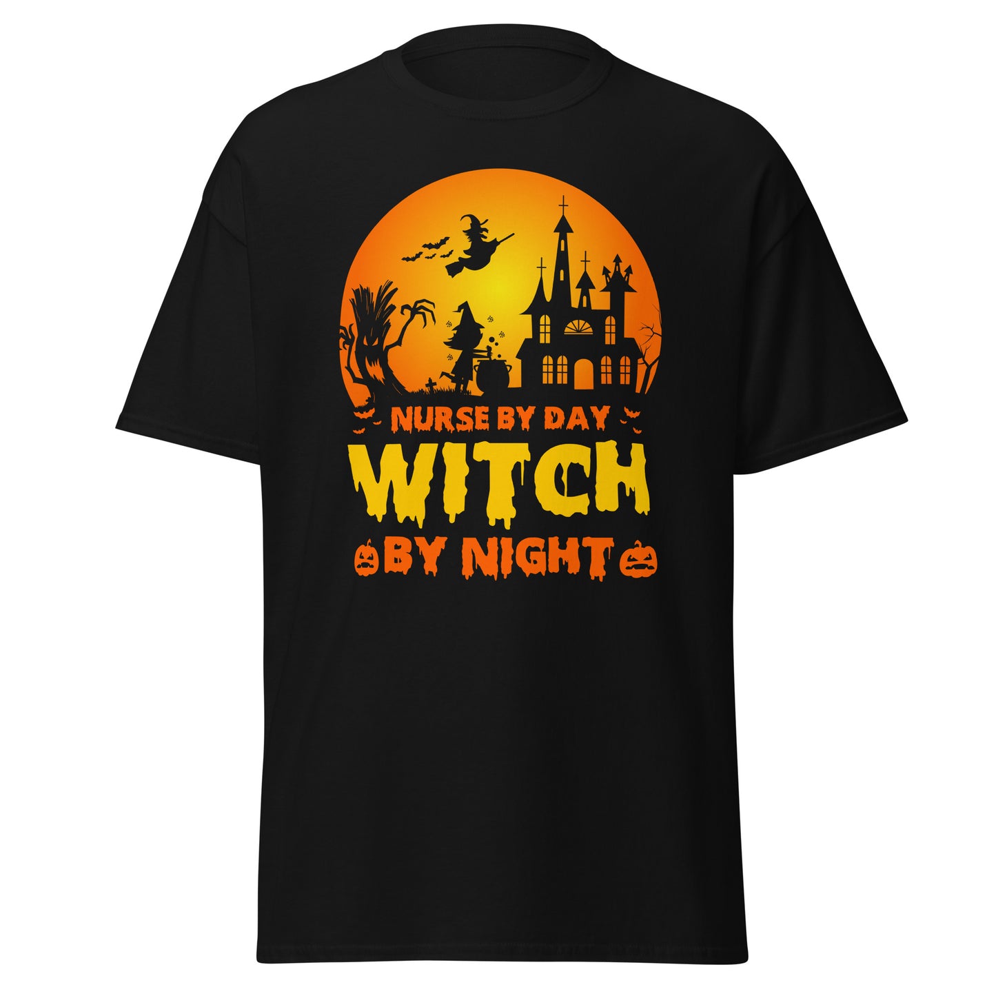 Krankenschwester bei Tag, Hexe bei Nacht, Halloween-Design, weiches T-Shirt aus schwerer Baumwolle