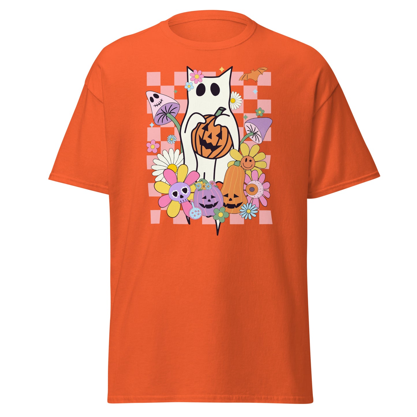 Feline Spirits Unleashed Style Tee - Ghost Cat Checkered - Halloween