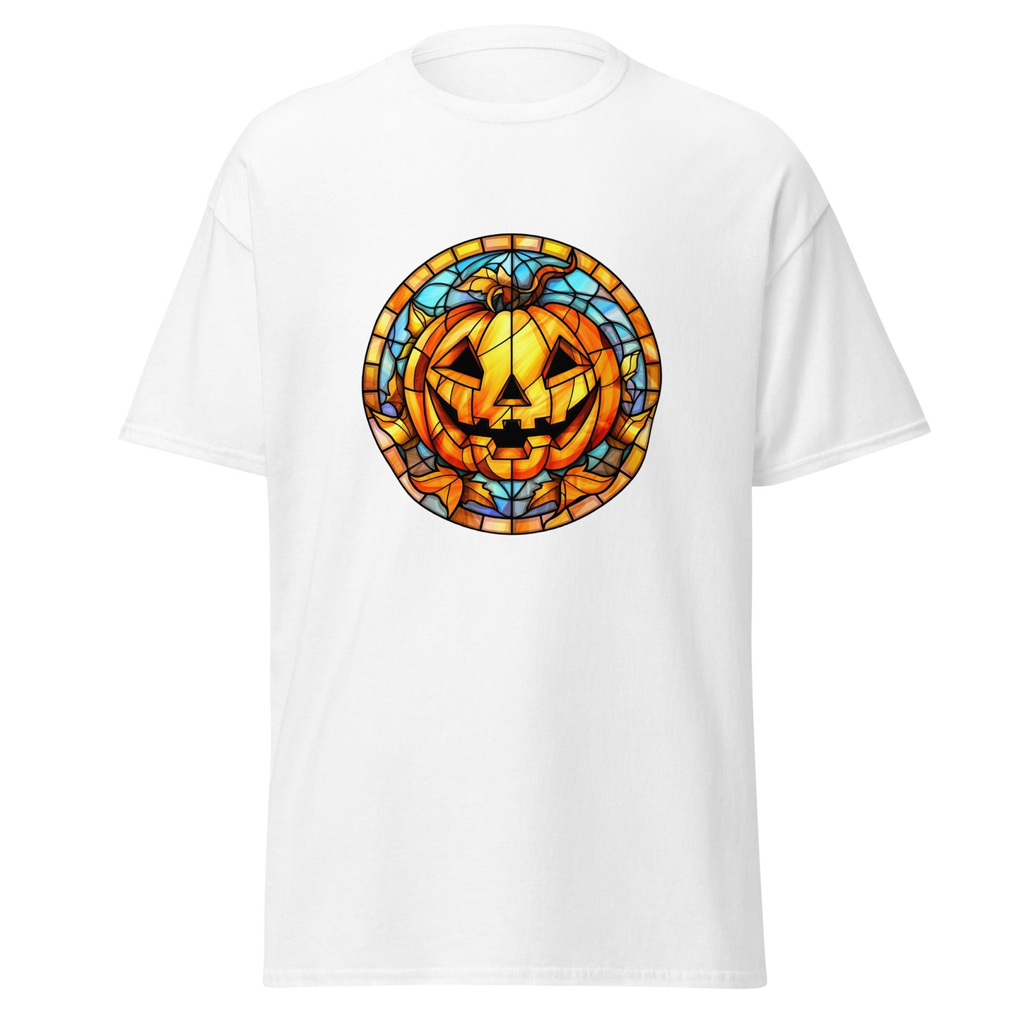 Buntglas-Halloween-Kürbis, Halloween-Design, weicher Stil, schweres Baumwoll-T-Shirt