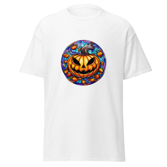 Vidrieras Calabaza de Halloween, Diseño de Halloween Camiseta de algodón pesado de estilo suave