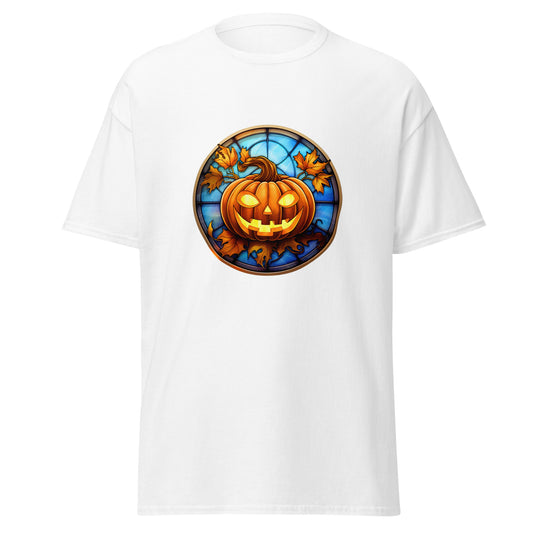 Buntglas-Halloween-Kürbis, Halloween-Design, weicher Stil, schweres Baumwoll-T-Shirt