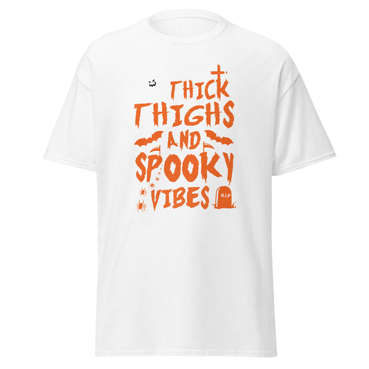 Dicke Oberschenkel und gruselige Stimmung, weiches T-Shirt aus schwerer Baumwolle im Halloween-Design