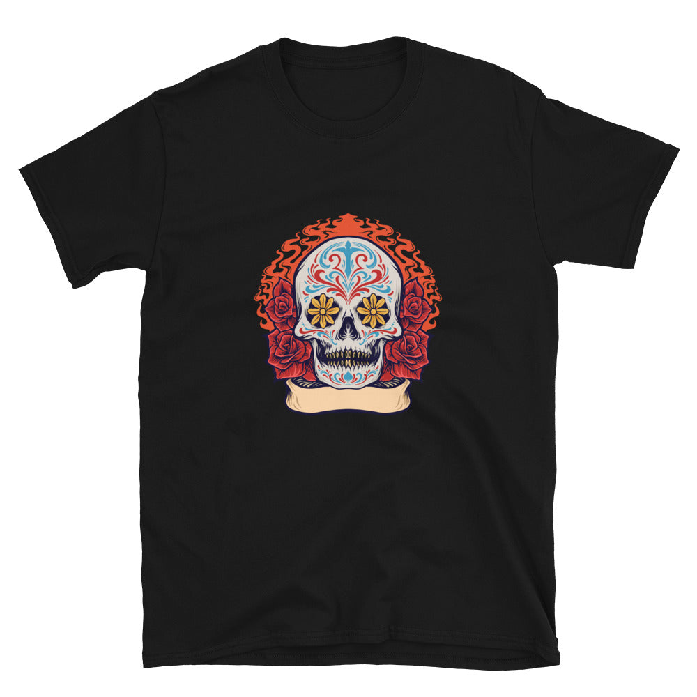 Sugar Skull Dia De Los Muertos con Roses Fit Camiseta unisex Softstyle