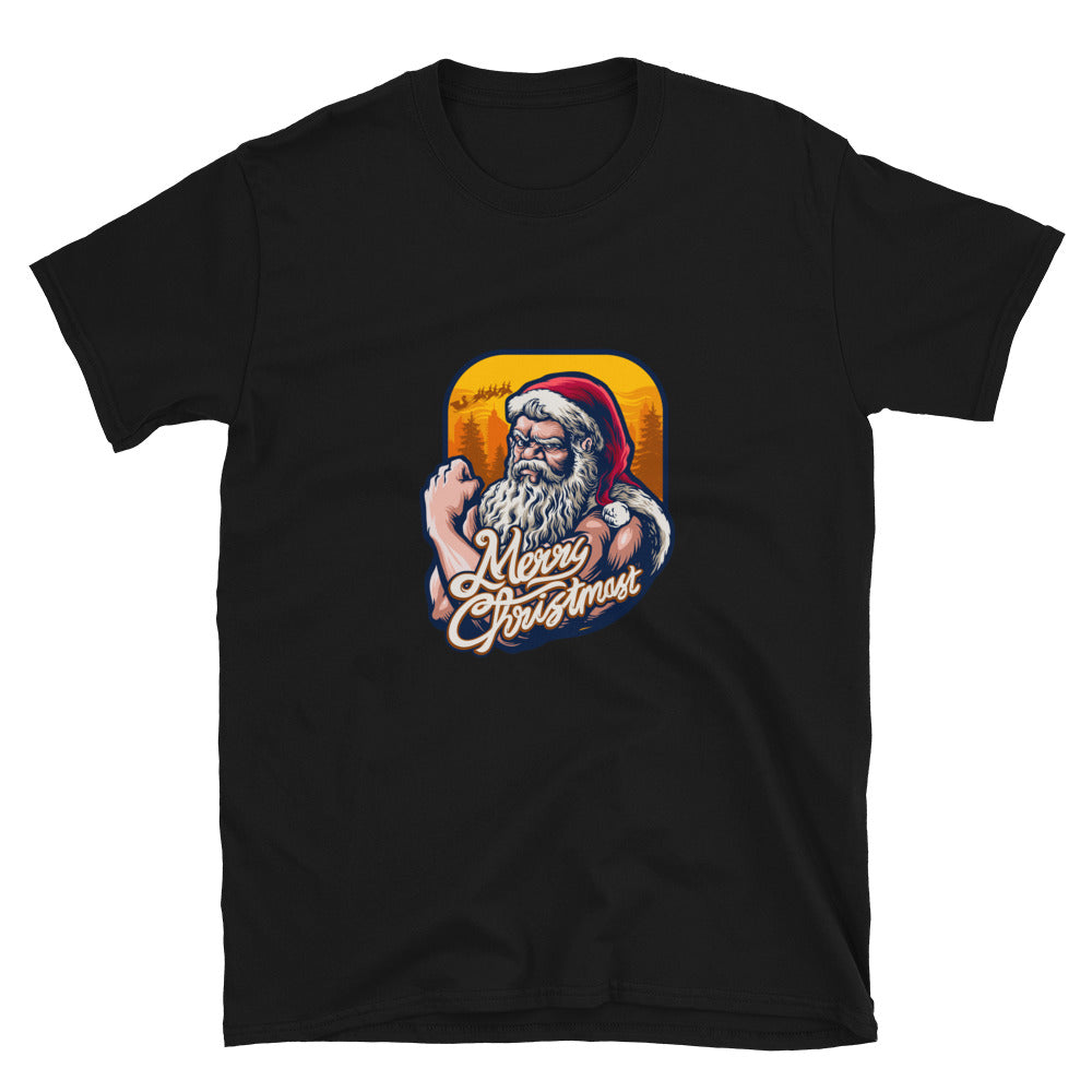 Strong Cool Santa Claus Navidad con fondo Árbol Fit Camiseta unisex Softstyle