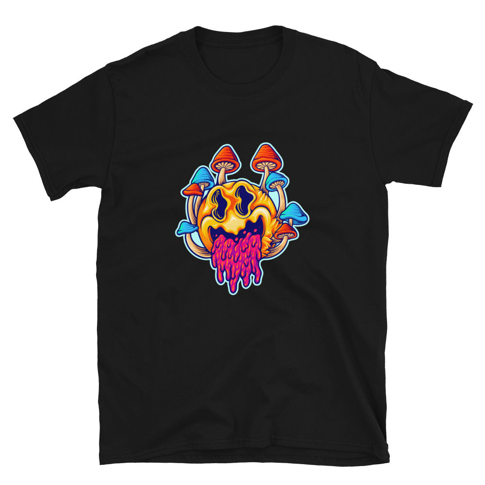 Camiseta de estilo suave unisex con dibujos animados de hongos psicodélicos aterradores y coloridos