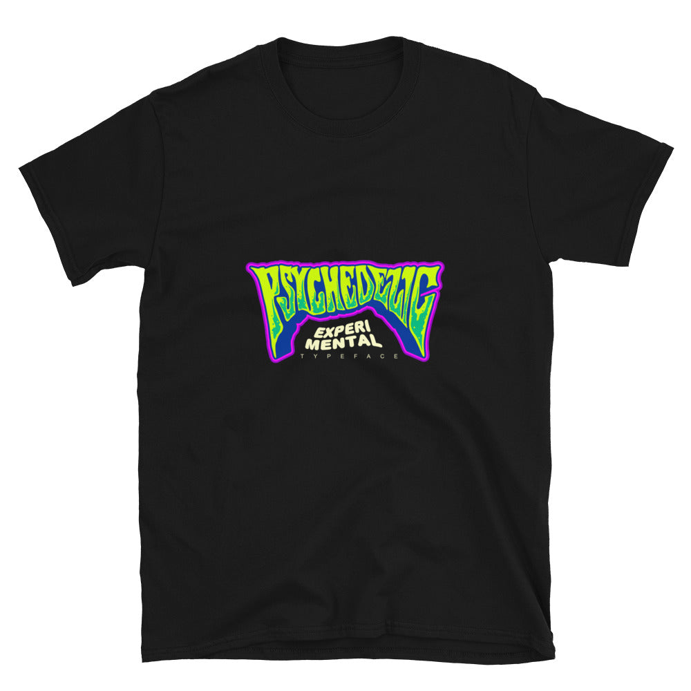 Psychedelische Wortbeschriftung Typografie Handgezeichnetes, passendes Unisex-Softstyle-T-Shirt