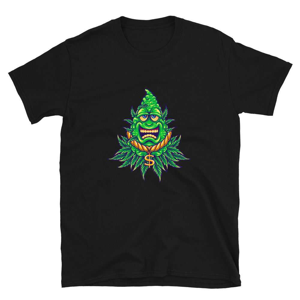 Unkrautblatt-Maskottchen, Cannabisblatt mit Bargeld, passendes Unisex-Softstyle-T-Shirt