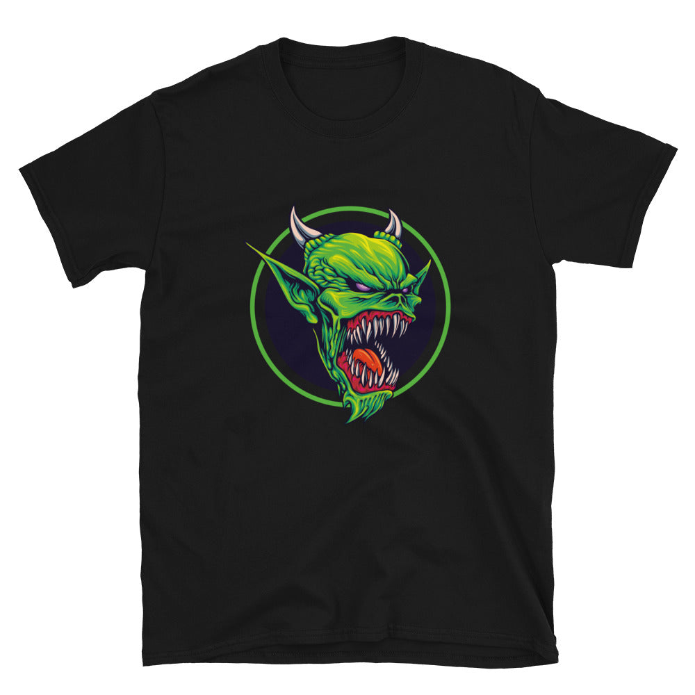 Camiseta unisex de estilo suave con diseño de mascota de ataque zombie verde aterrador