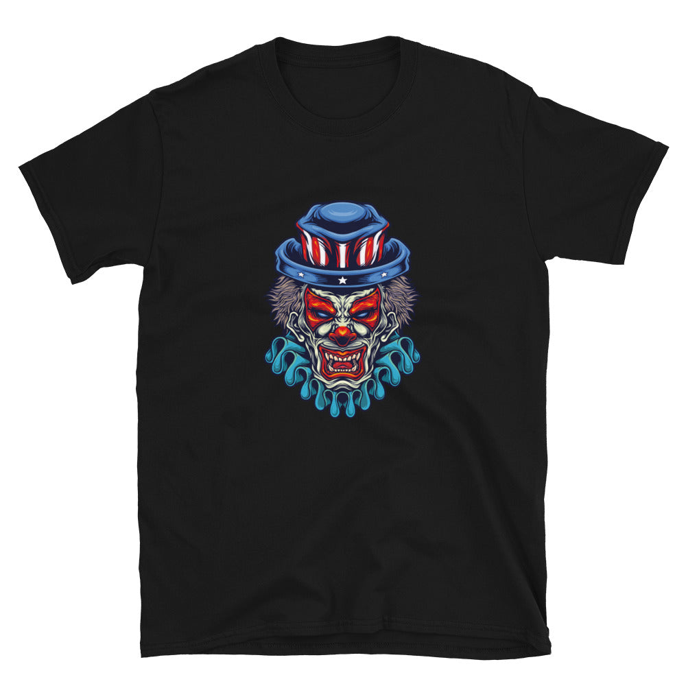 Payaso espeluznante con sombrero de bandera estadounidense apto para camiseta unisex de estilo suave