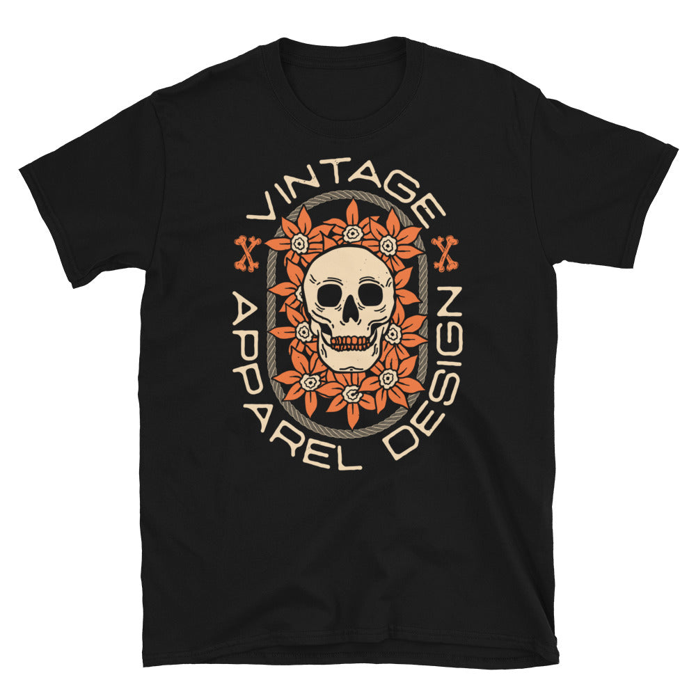 Vintage Skull with Flowers Fit Unisex Softstyle T-Shirt