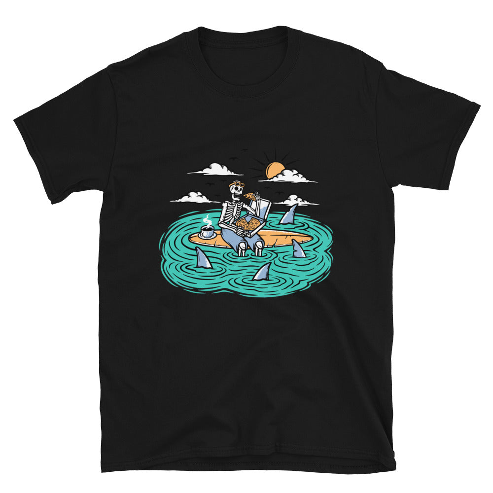 Skull Eating Pizza on Surfboard Fit Unisex Softstyle T-Shirt