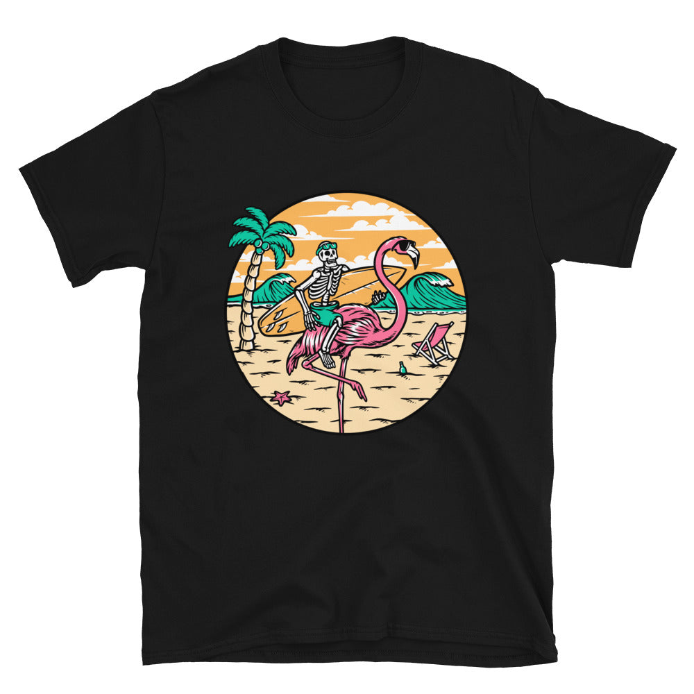 Totenkopf und Flamingo am Strand Fit Unisex Softstyle T-Shirt