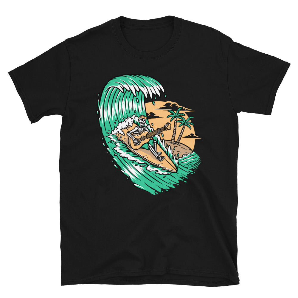 Skelett spielt Gitarre beim Surfen. Fit Unisex Softstyle T-Shirt