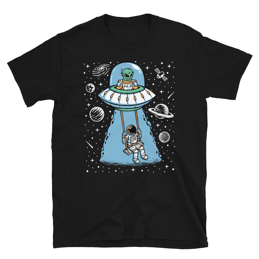 Astronaut and Alien Playing on a swing Together - Fit Unisex Softstyle T-Shirt