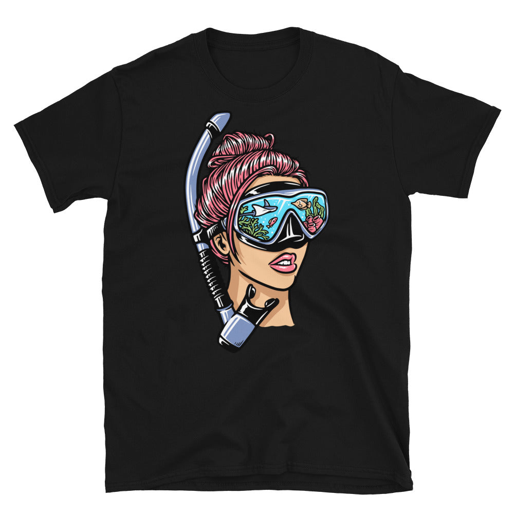 Mujer con máscara de snorkel para bucear Fit Camiseta Softstyle Unisex