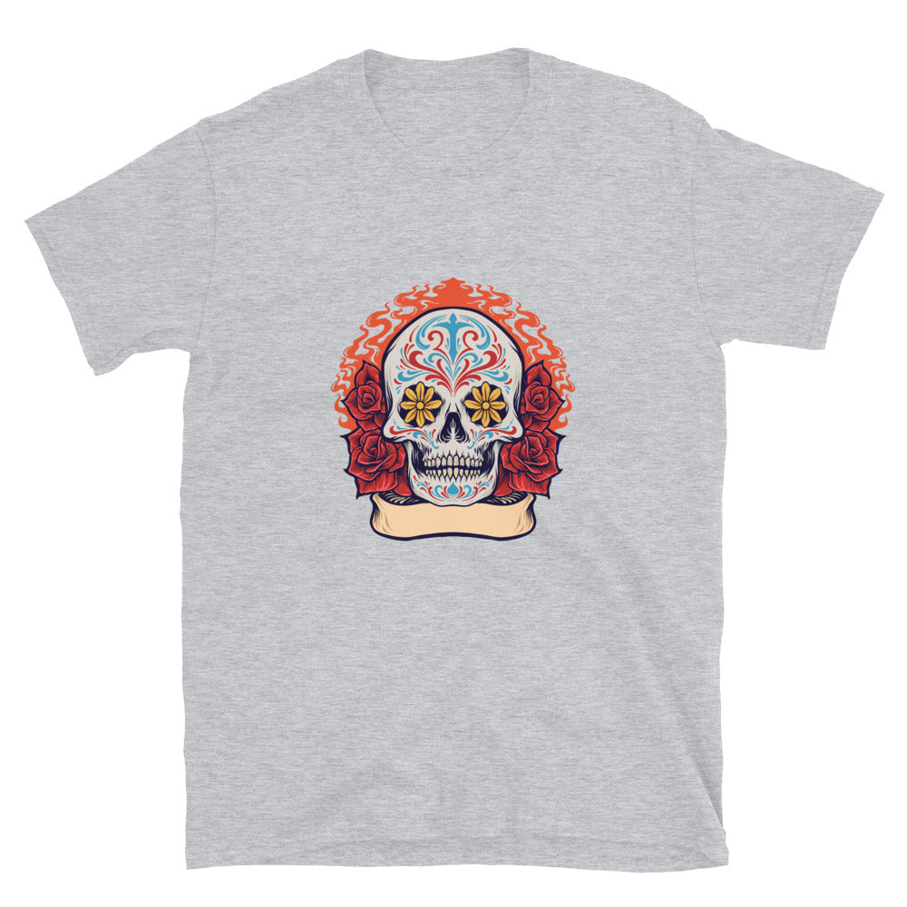 Sugar Skull Dia De Los Muertos con Roses Fit Camiseta unisex Softstyle