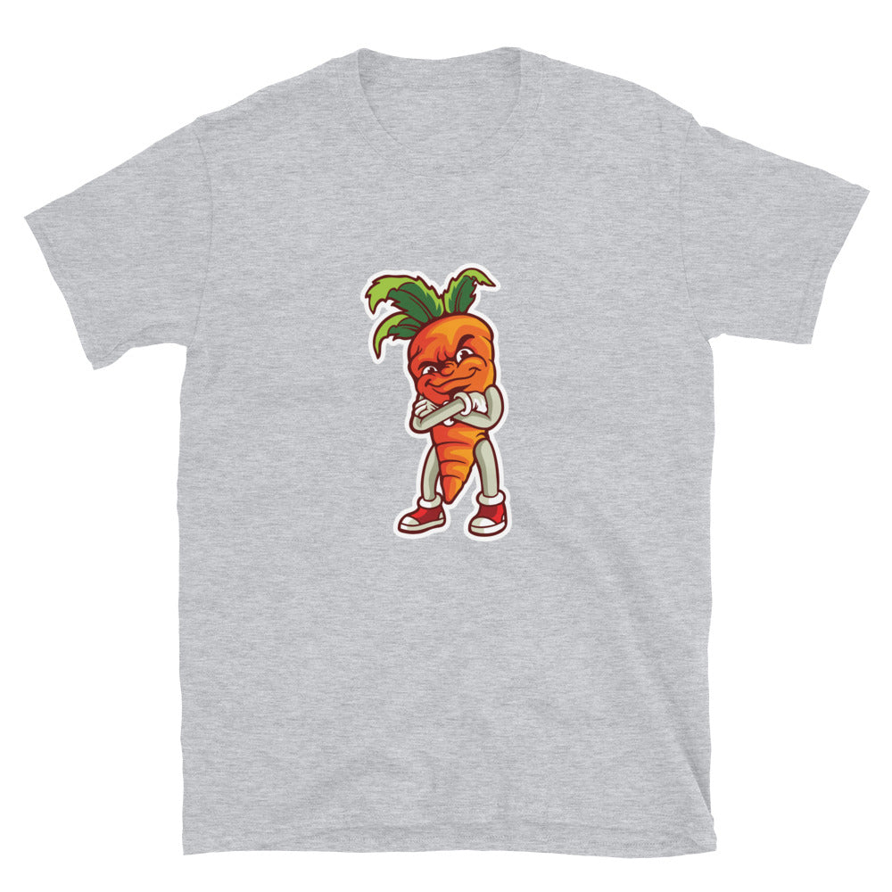 Vegetarisches Lächeln-Karotten-Maskottchen. Passgenaues Unisex-Softstyle-T-Shirt