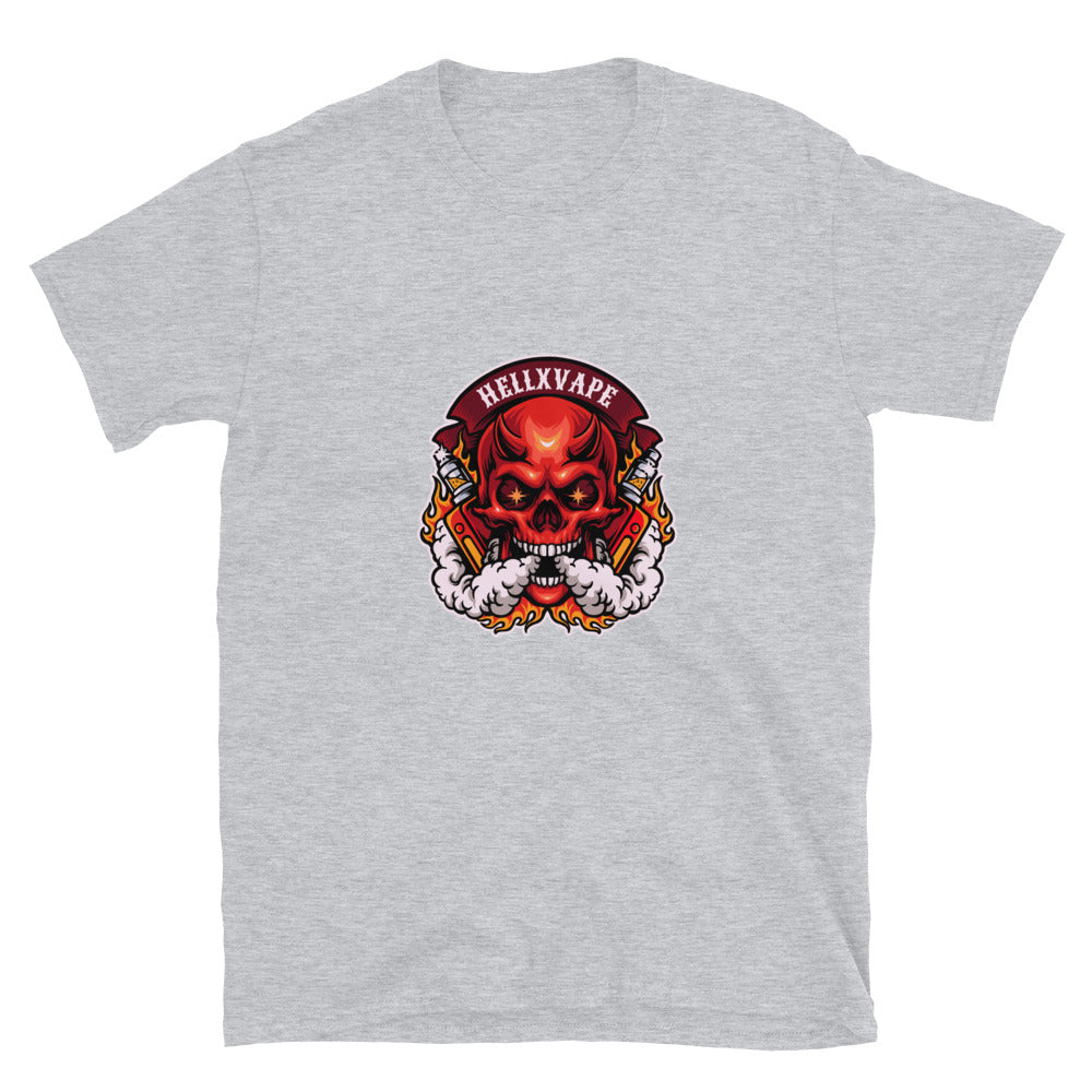 Gruseliger Totenkopf rauchendes Höllen-Vape-Maskottchen. Passgenaues Unisex-Softstyle-T-Shirt