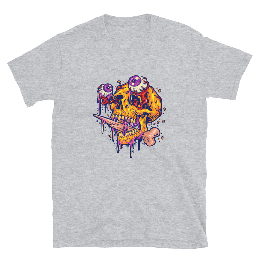 Gruseliger Totenkopfkopf mit Zombieaugen. Passgenaues Unisex-Softstyle-T-Shirt