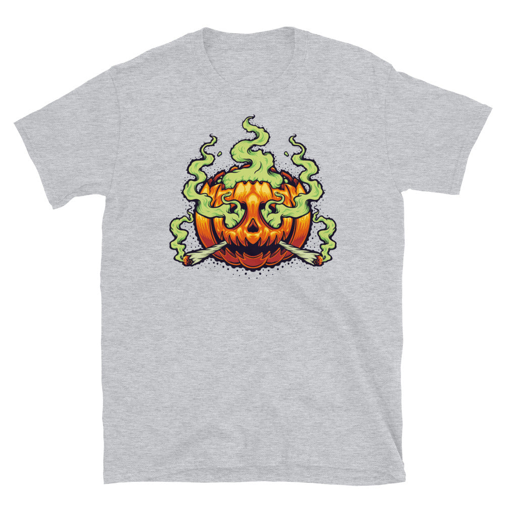 Camiseta de estilo suave unisex con dibujos animados de humo de hierba de Halloween