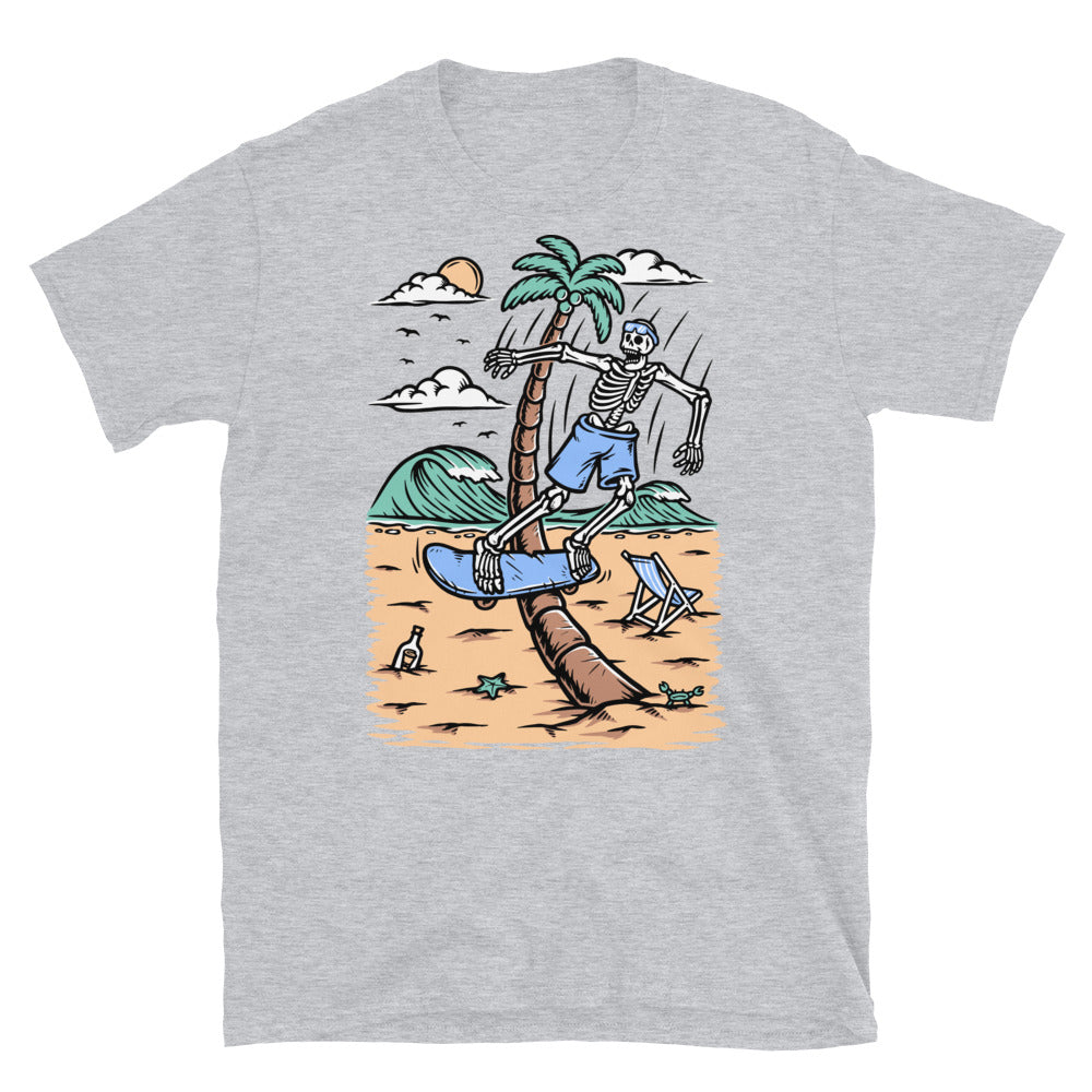 Skull riding a skateboard on the beach Fit Unisex Softstyle T-Shirt