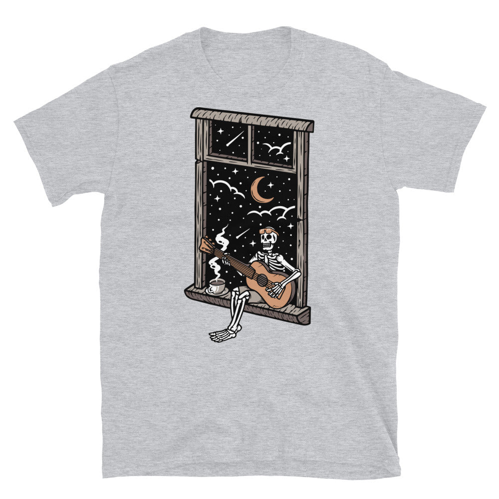 skull playing guitar in the window at night Fit Unisex Softstyle T-Shirt