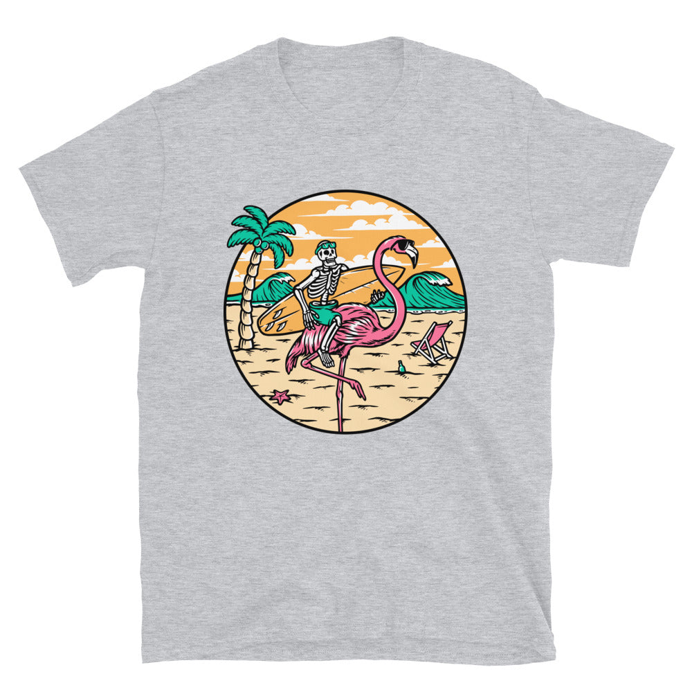 Totenkopf und Flamingo am Strand Fit Unisex Softstyle T-Shirt