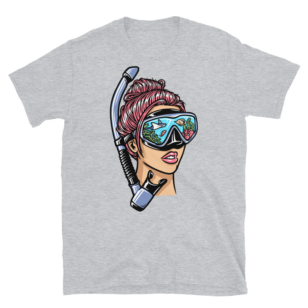 Mujer con máscara de snorkel para bucear Fit Camiseta Softstyle Unisex