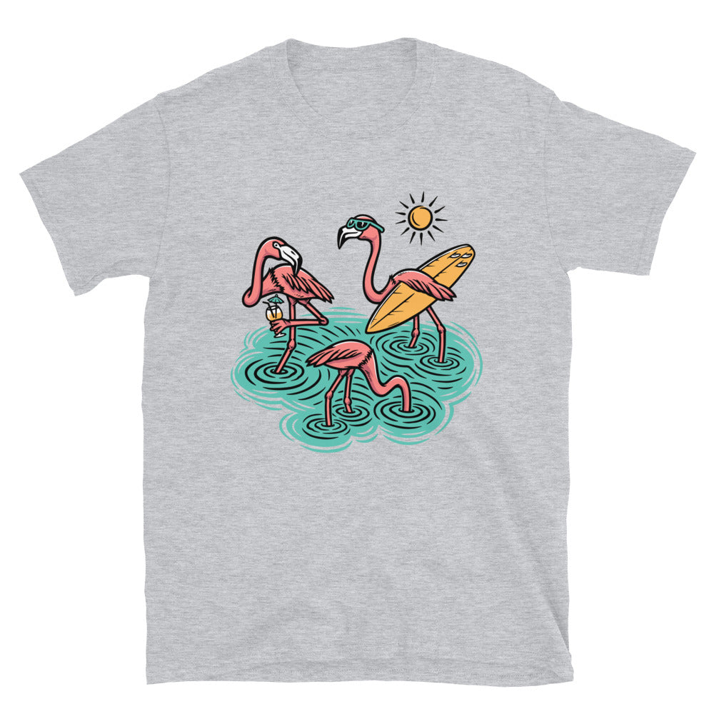 Three cute flamingos on the beach Fit Unisex Softstyle T-Shirt