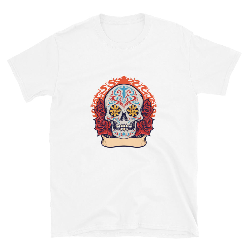 Sugar Skull Dia De Los Muertos mit Rosen Fit Unisex Softstyle T-Shirt