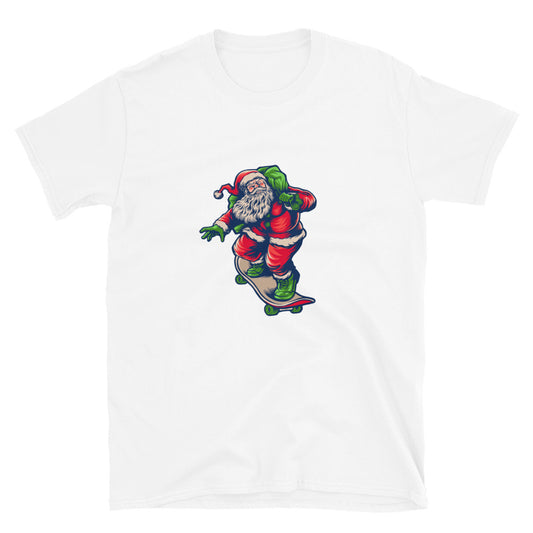 Papá Noel jugando patineta entregando feliz Navidad Fit camiseta unisex Softstyle