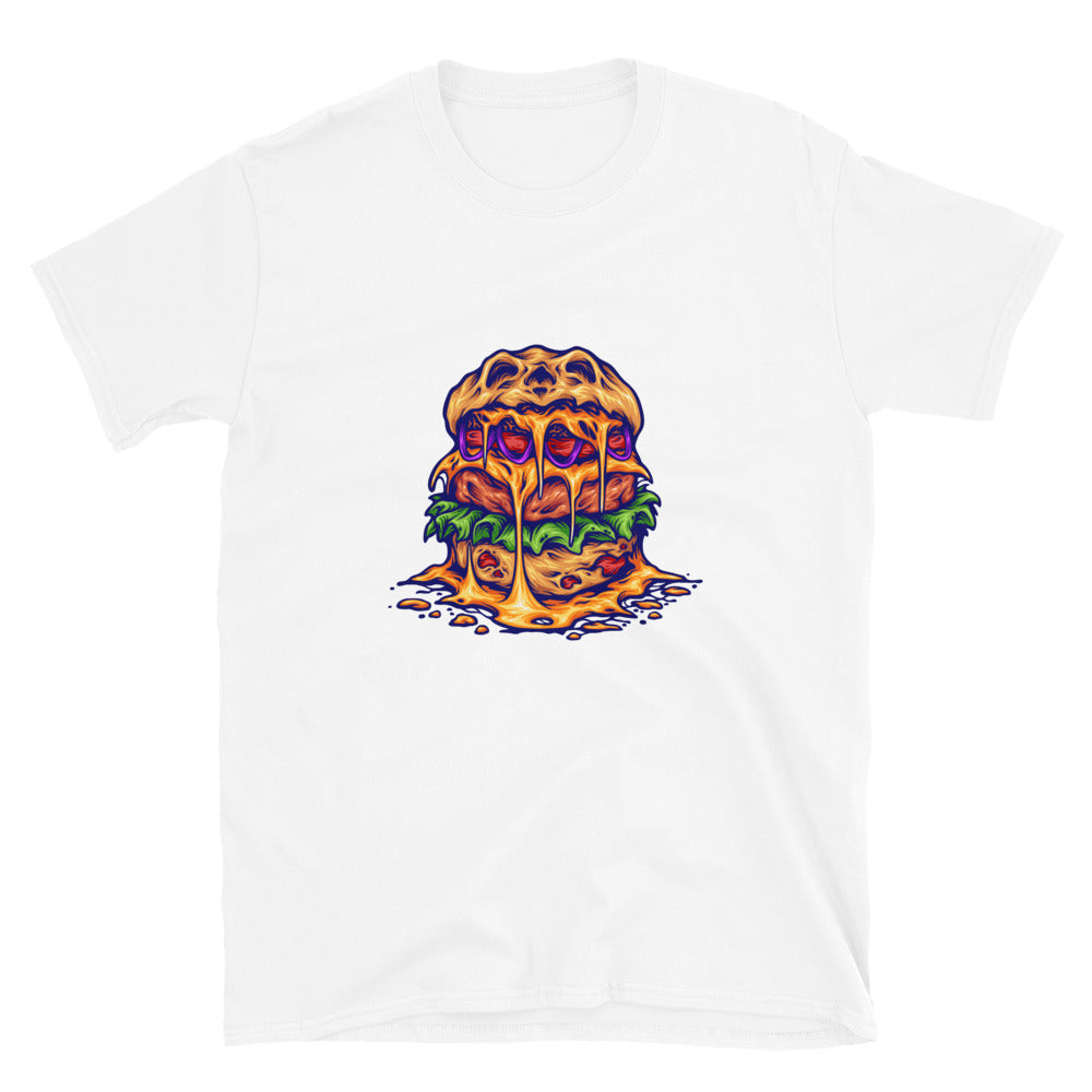 Camiseta de estilo suave unisex con dibujos animados de monstruo de hamburguesa aterradora