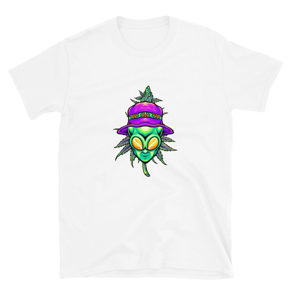 Summer alien head with cannabis weed leaf plant Fit Unisex Softstyle T-Shirt