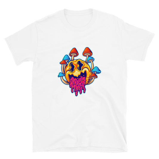 Gruseliges, psychedelisches Pilz-Cartoon, farbenfrohes Fit-Unisex-Softstyle-T-Shirt