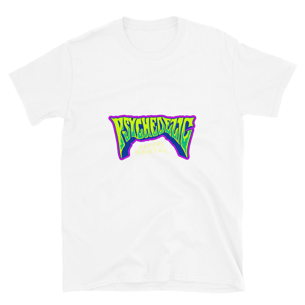 Psychedelische Wortbeschriftung Typografie Handgezeichnetes, passendes Unisex-Softstyle-T-Shirt