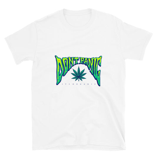 Weed-Schriftzug „Dont panic“, Wort-Typografie, passendes Unisex-Softstyle-T-Shirt