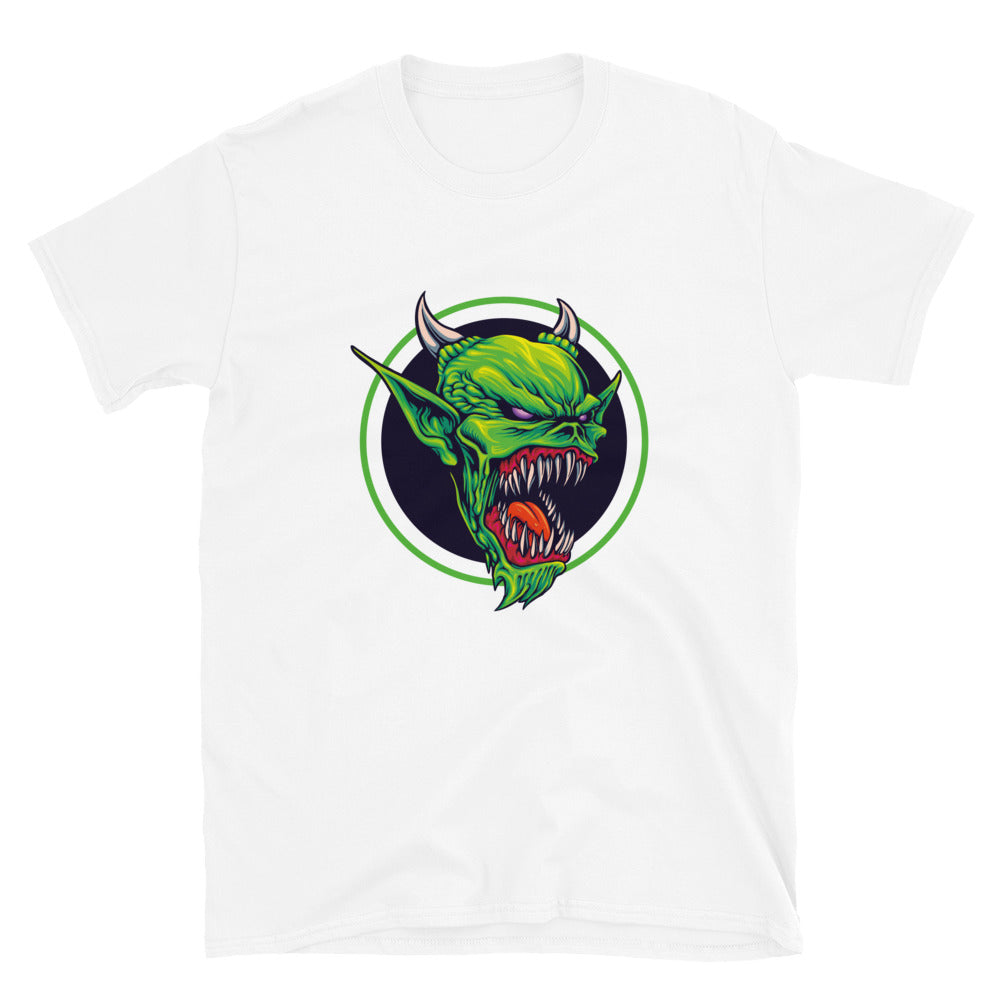 Camiseta unisex de estilo suave con diseño de mascota de ataque zombie verde aterrador