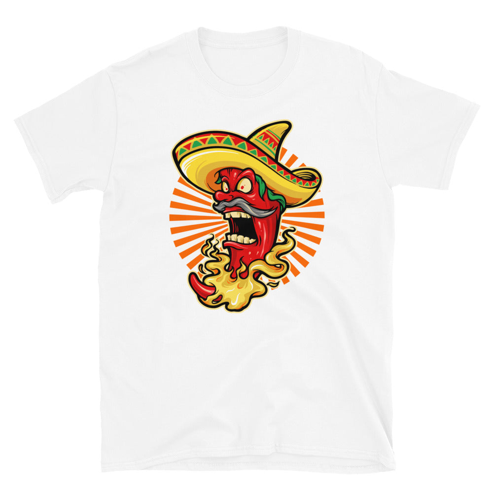 Mexican Red Hot Chili Pepper con icono de sombrero Mascot Fit Camiseta unisex Softstyle