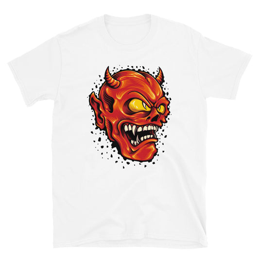 Camiseta unisex de estilo suave con diseño de mascota de dibujos animados sonriente del diablo rojo