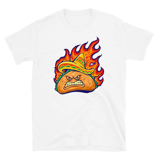 Enojado delicioso taco mexicano con fuego ardiente, Fit Unisex Softstyle Camiseta