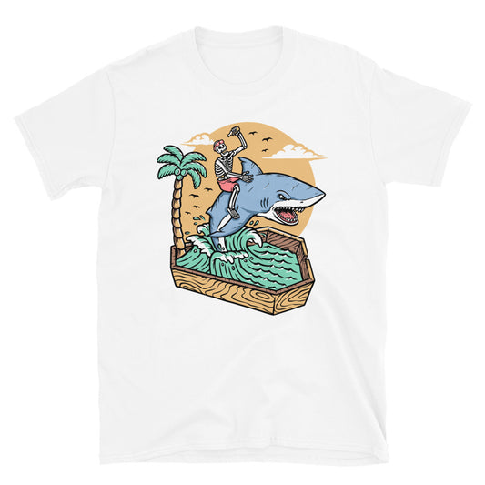 Skull riding a shark in the dead sea Fit Unisex Softstyle T-Shirt