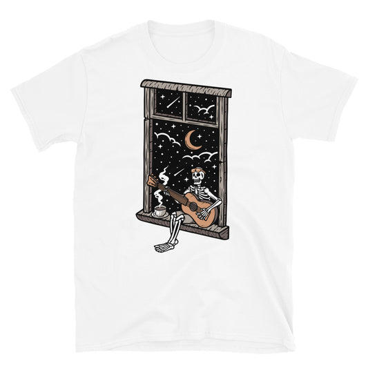 skull playing guitar in the window at night Fit Unisex Softstyle T-Shirt