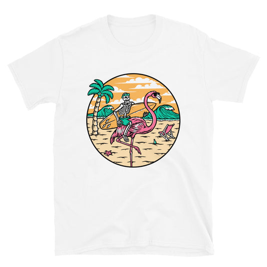 Calavera y flamenco en la playa Fit Unisex Softstyle Camiseta