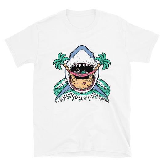 Shark Attack Skull on Beach Fit Unisex Softstyle T-Shirt