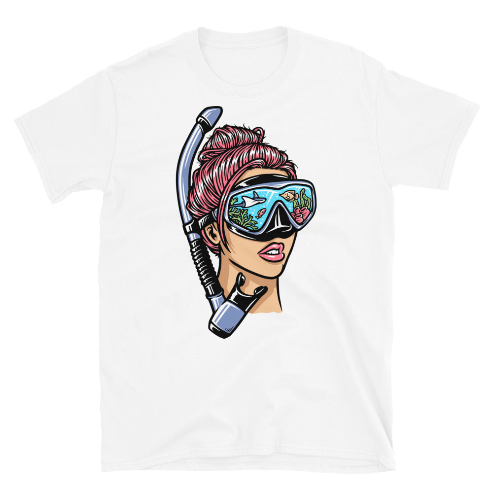 Woman with snorkeling mask for diving Fit Unisex Softstyle T-Shirt