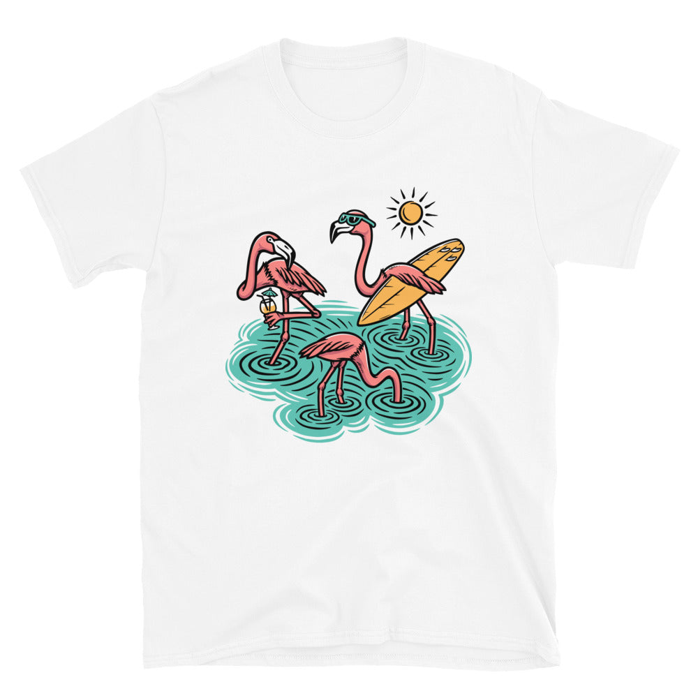 Three cute flamingos on the beach Fit Unisex Softstyle T-Shirt