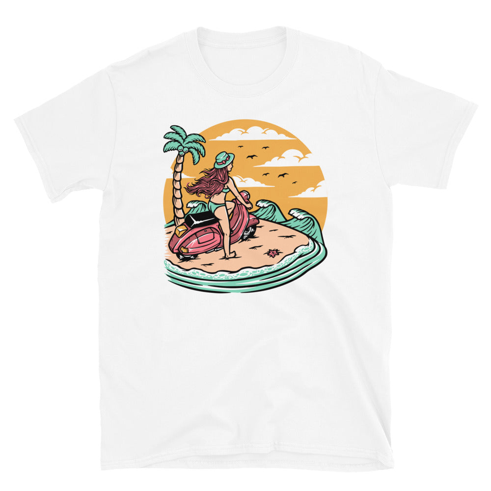 Beautiful Woman Riding a Scooter on the Beach - Fit Unisex Softstyle T-Shirt