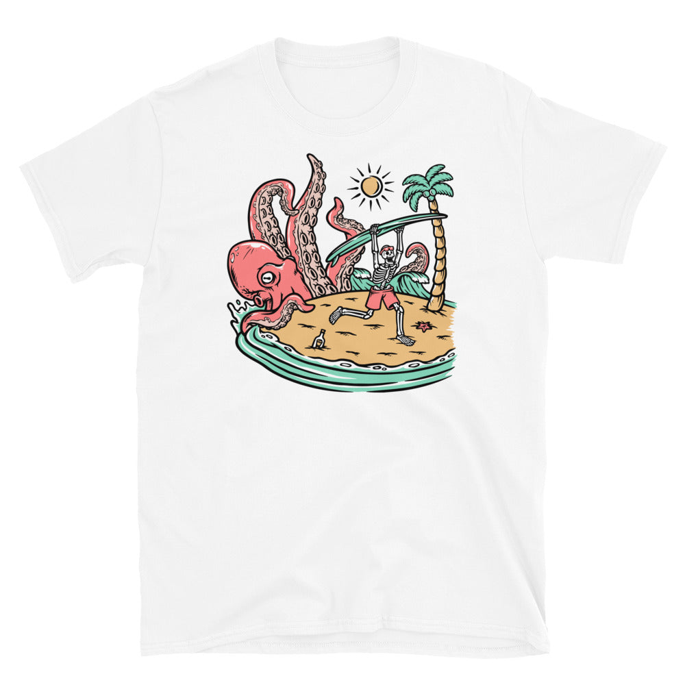 Oktopus-Angriffsschädel am Strand Fit Unisex Softstyle T-Shirt